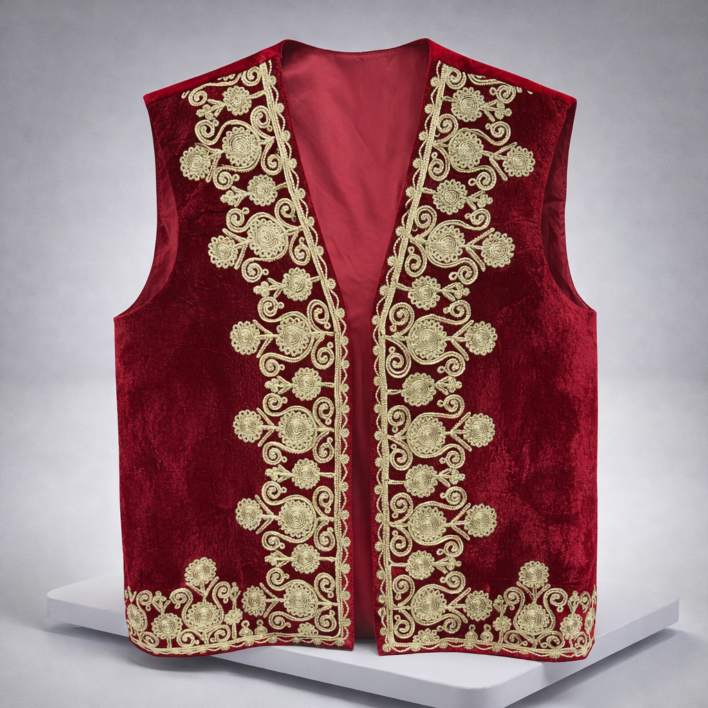 Men’s Afghan Traditional Gand Waistcoat – Red Velvet Embroidered Vest