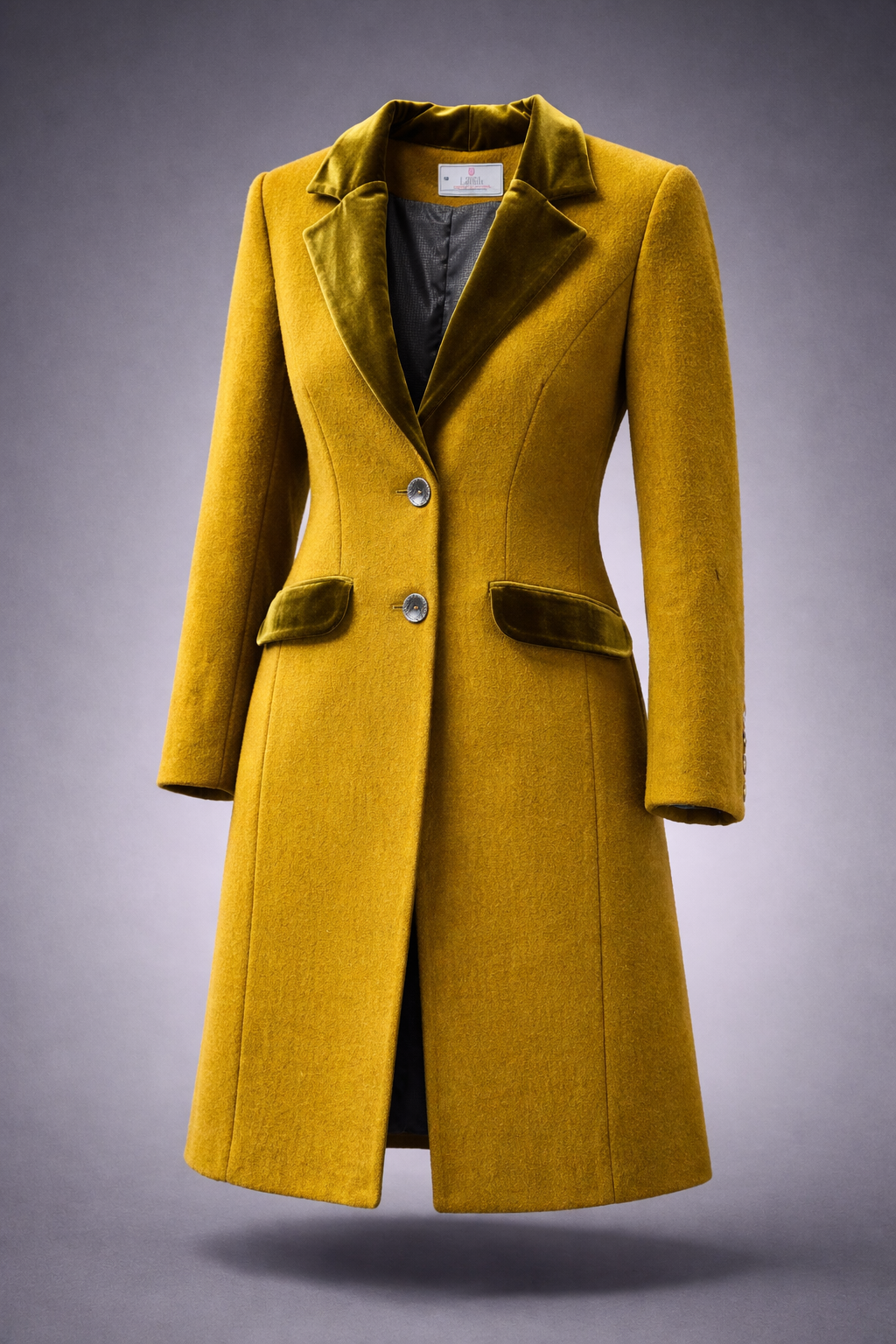 Mustard yellow coat with button details on a gray background