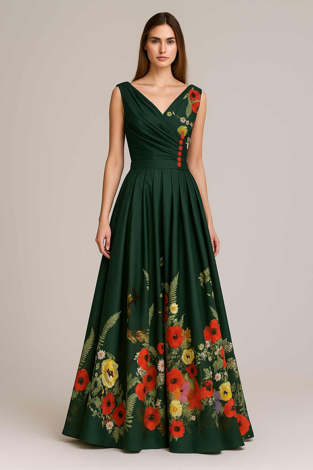 Two-piece emerald green silk evening dress with floral accents – Emerald Bloom by