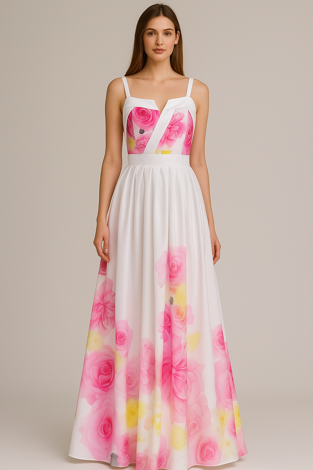 White natural silk evening gown with romantic pink and yellow floral print – Rose Petal Glow by Lalah Custom Clothing
