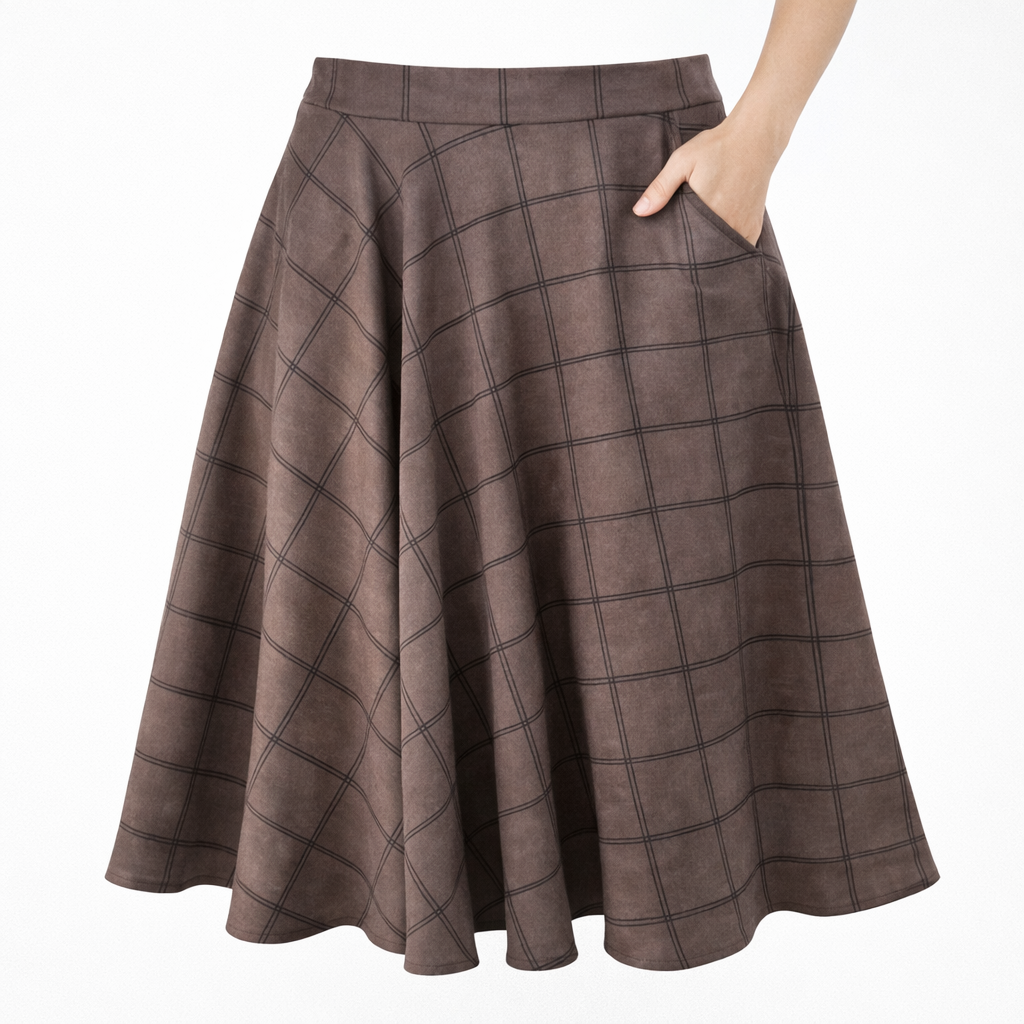 Women’s plaid A-line skirt with side pockets, flared silhouette, midi length