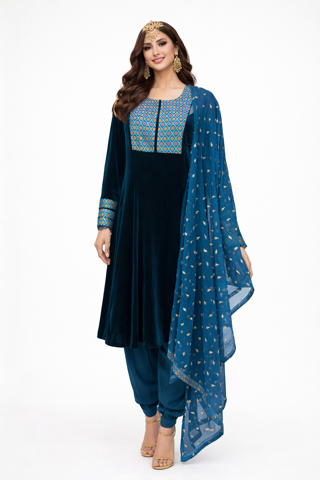 Afghan traditional Eid dress, dark blue embroidered outfit with dupatta
