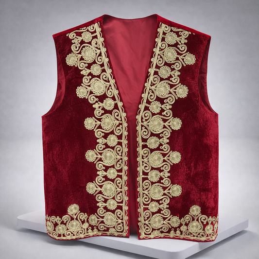 Men’s Afghan Traditional Gand Waistcoat – Red Velvet Embroidered Vest