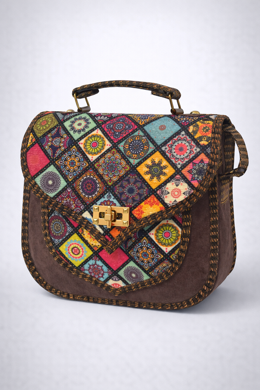 Colorful patchwork bag with a brown base on a white background