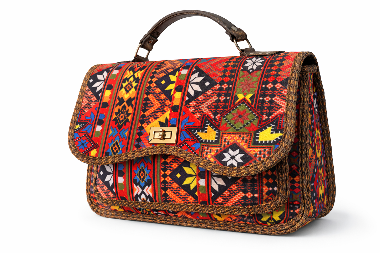 Colorful patterned handbag on a white background