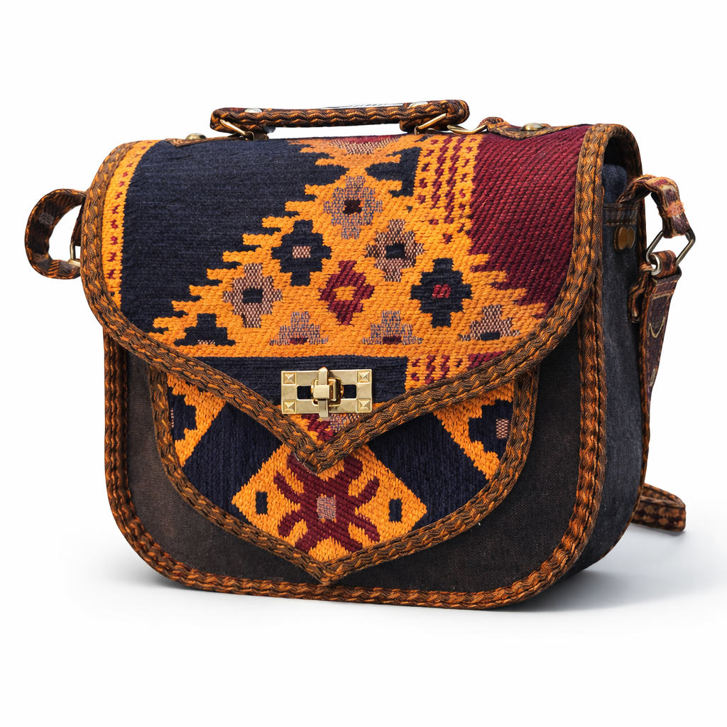 Traditional patterned bag with a gold clasp on a white background