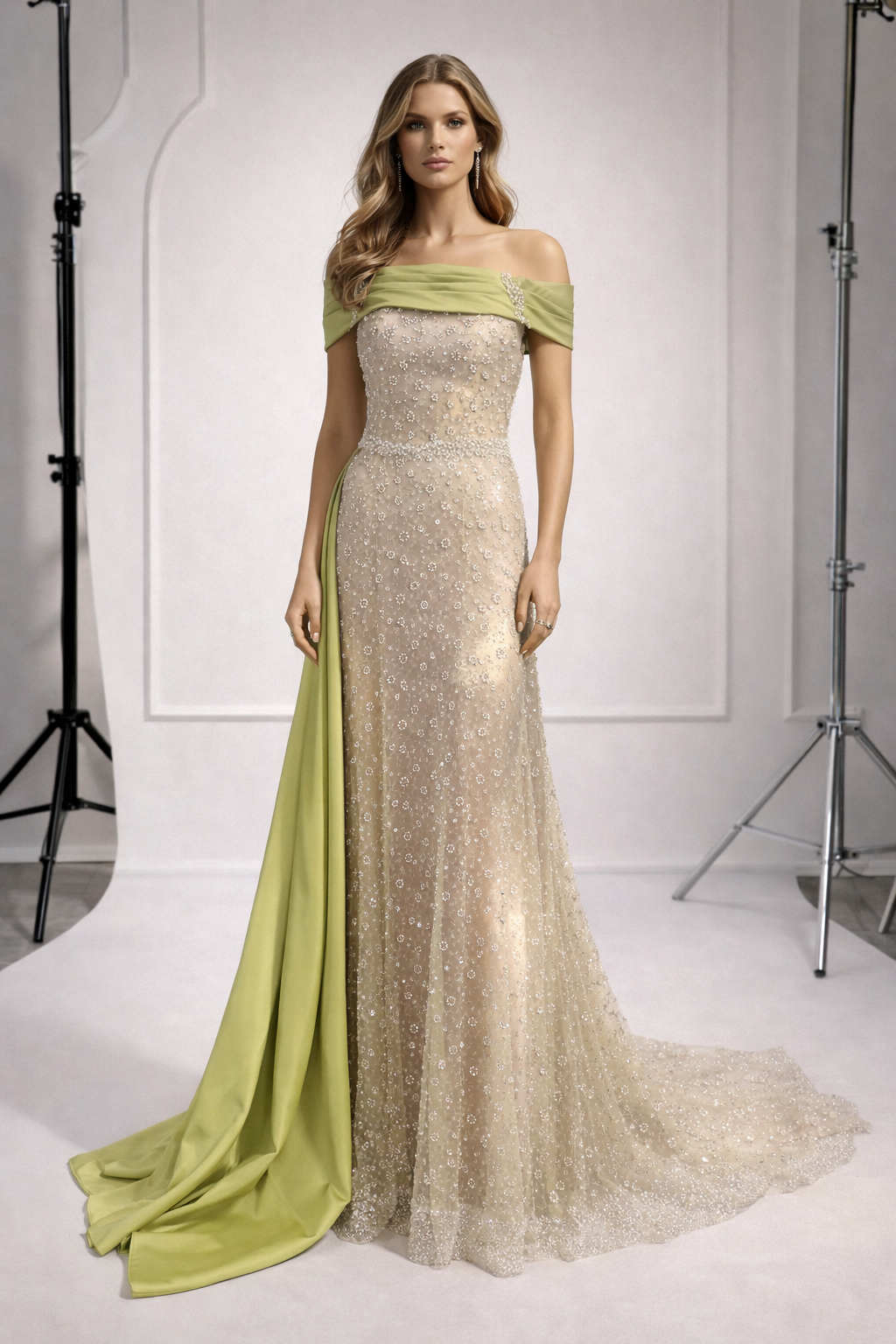 Woman wearing a glamorous off-shoulder gown with a green cape in a studio setting. This elegant blush pink evening gown features a beautifully embellished sheer base adorned with delicate crystal and pearl details. The design is elevated with a soft pistachio green draped accent across the neckline and flowing side train, creating a refined and couture-inspired contrast.

The fitted silhouette enhances the figure, while the lightweight sheer overlay and hand-applied embellishments add depth, Lalah