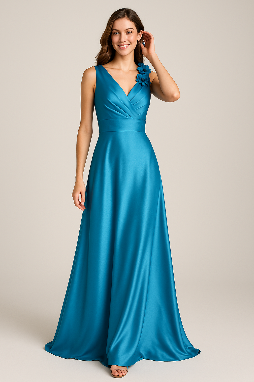 Woman wearing a blue evening gown on a beige background "Floor-length turquoise satin dress featuring a V-neckline and handmade flower appliqué on one shoulder.