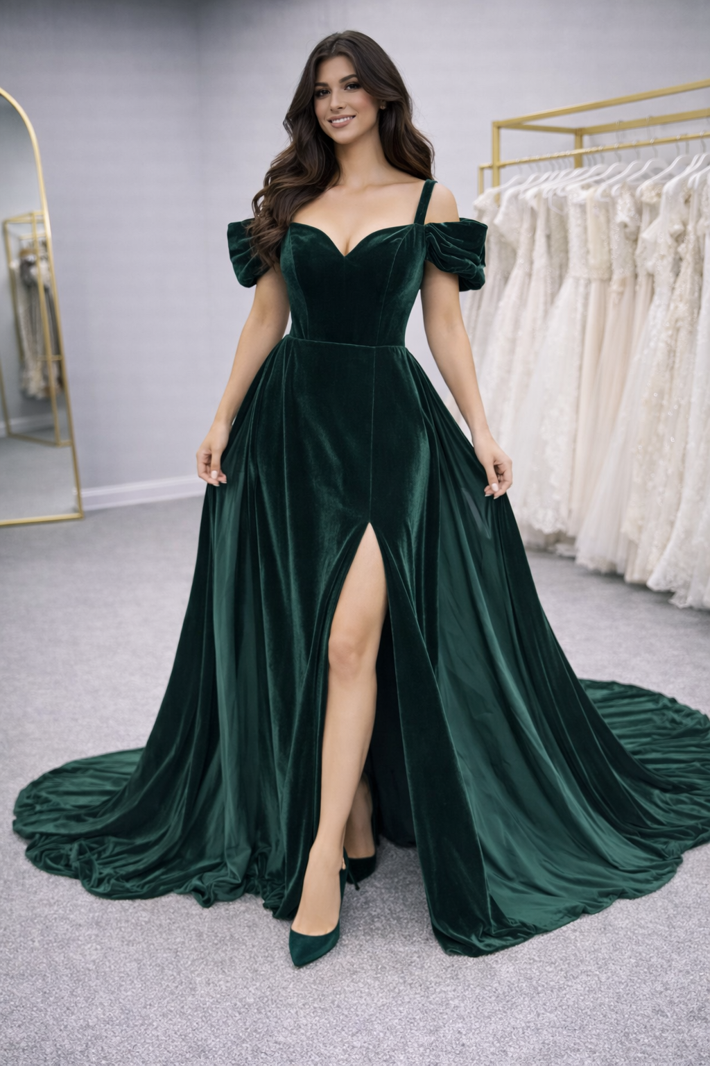 Lalah Woman wearing a green velvet gown with a high slit in a store setting