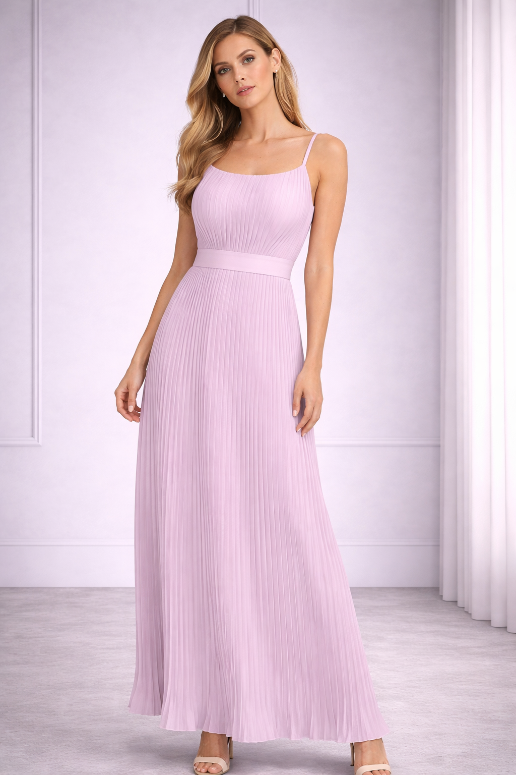 Woman wearing a long pink dress against a white background