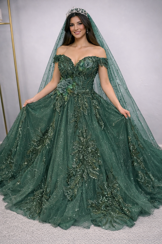Woman wearing a green evening gown with floral details and a veil.