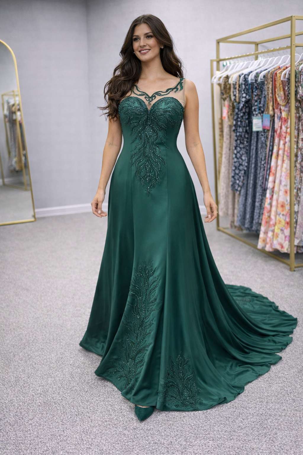 Lalah Woman wearing a green evening gown in a store setting