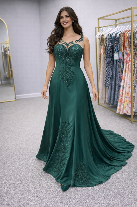 Lalah Woman wearing a green evening gown in a store setting