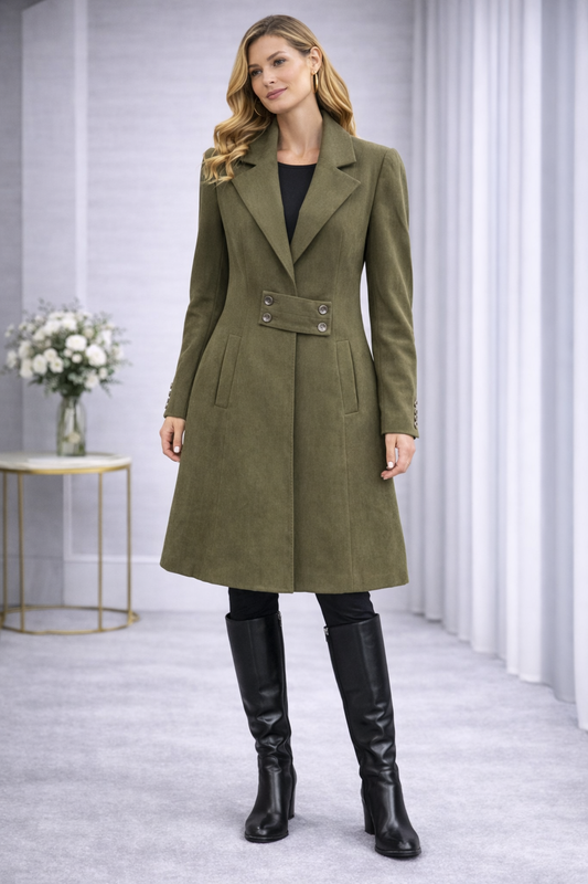Woman wearing a green coat and black knee-high boots in a minimalistic room.