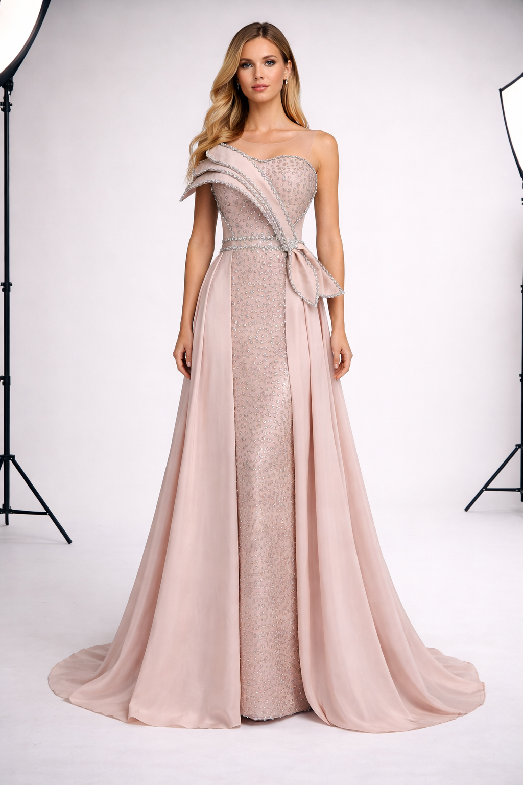 Woman wearing a pink evening gown with a bow detail on a white This elegant blush pink evening gown is designed for refined formal occasions. Featuring a crystal-embellished bodice with an artistic asymmetric shoulder detail, this gown offers a sophisticated and couture-inspired silhouette.

The flowing chiffon skirt adds softness and graceful movement, while the fitted design enhances the figure with timeless elegance. Ideal for evening events, weddings, galas, and special occasions, this gown cobackground