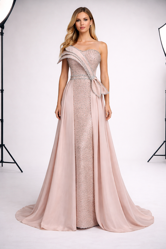 Woman wearing a pink evening gown with a bow detail on a white This elegant blush pink evening gown is designed for refined formal occasions. Featuring a crystal-embellished bodice with an artistic asymmetric shoulder detail, this gown offers a sophisticated and couture-inspired silhouette.

The flowing chiffon skirt adds softness and graceful movement, while the fitted design enhances the figure with timeless elegance. Ideal for evening events, weddings, galas, and special occasions, this gown cobackground