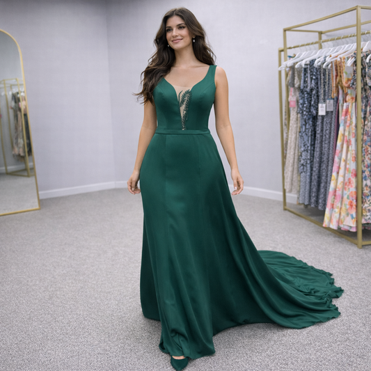 Lalah Woman wearing a green evening gown in a clothing store.