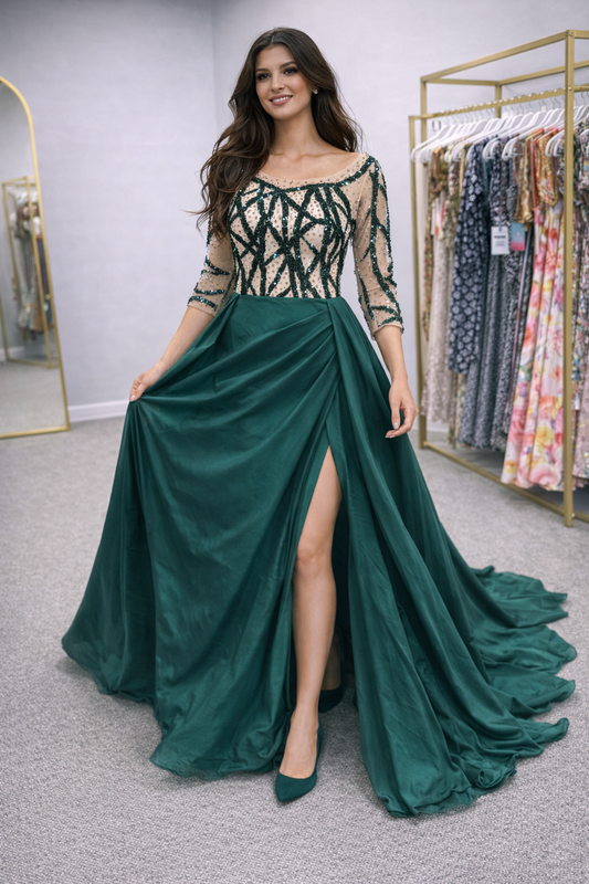 Lalah Woman wearing a green evening gown with a high slit in a clothing store.