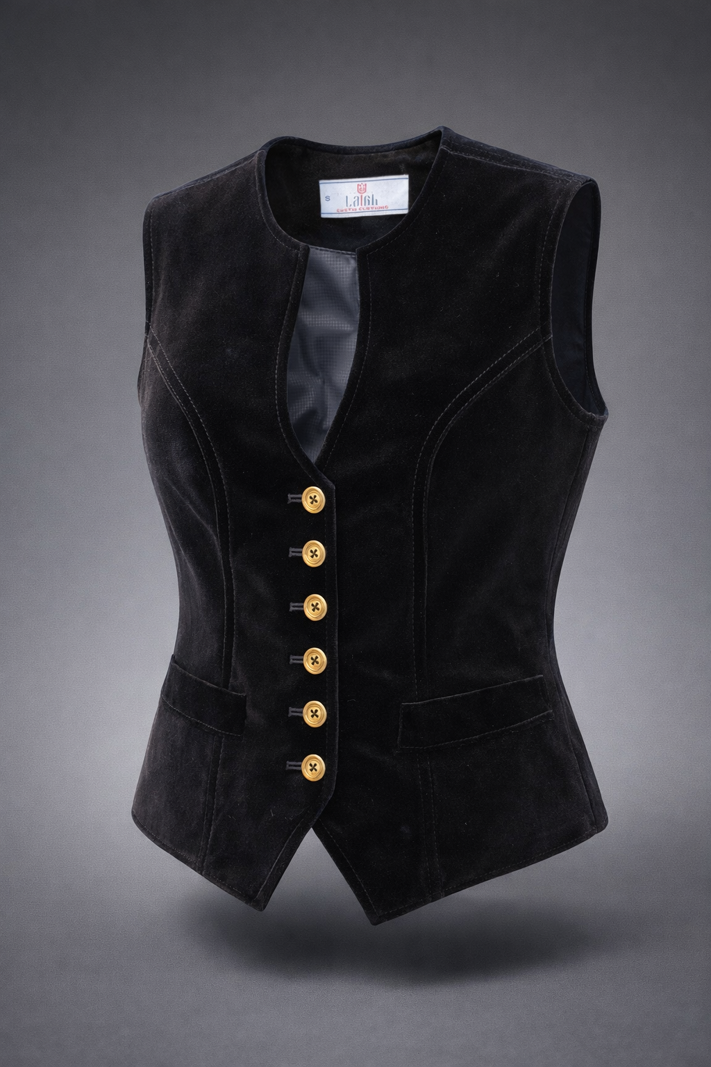 Black velvet vest with gold buttons on a gray background