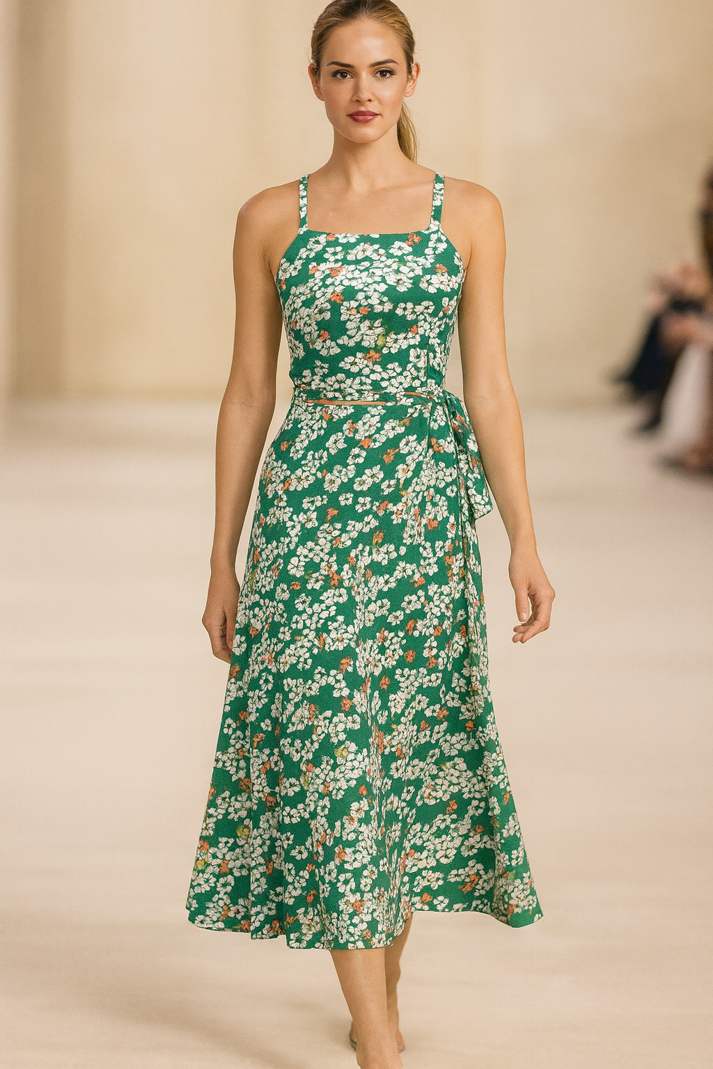 Soft green midi dress with floral print and sleeveless design – Emerald Blossom by