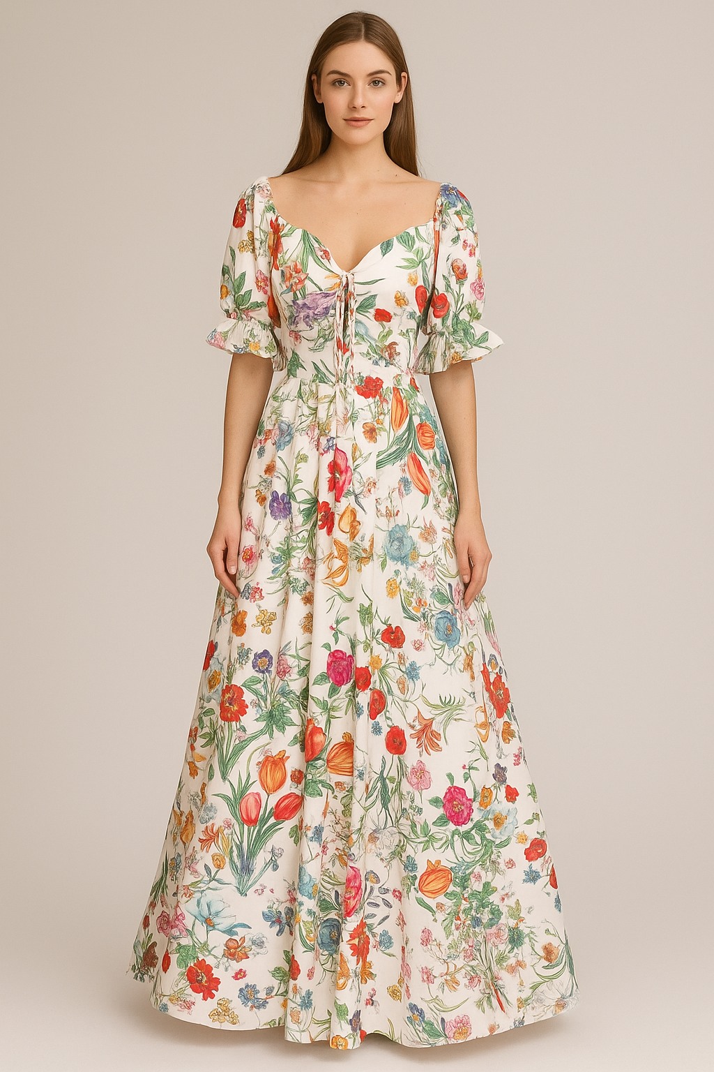 Elegant floral silk dress with ruffled sleeves – Garden Whisper by Lalah Custom Clothing
