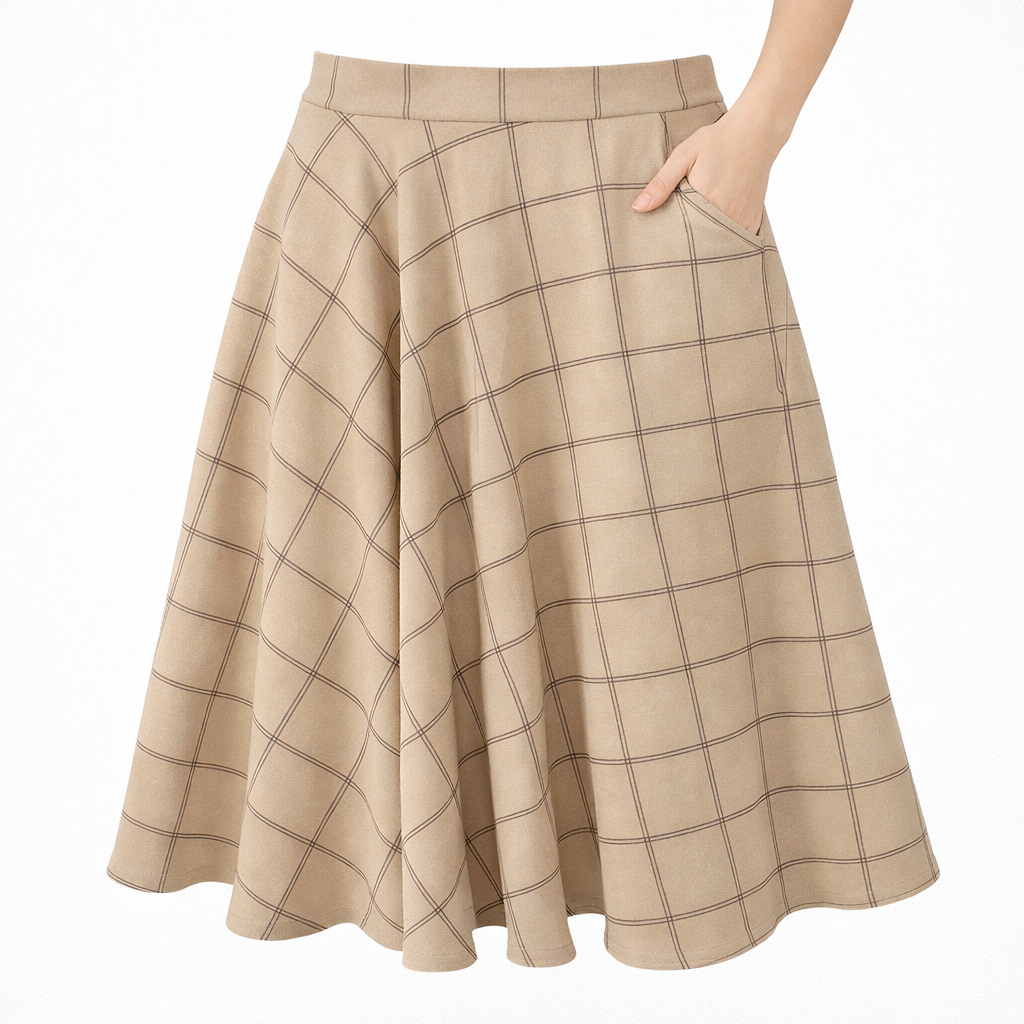 Women's plaid A-line midi skirt with side pockets, flared silhouette, second image